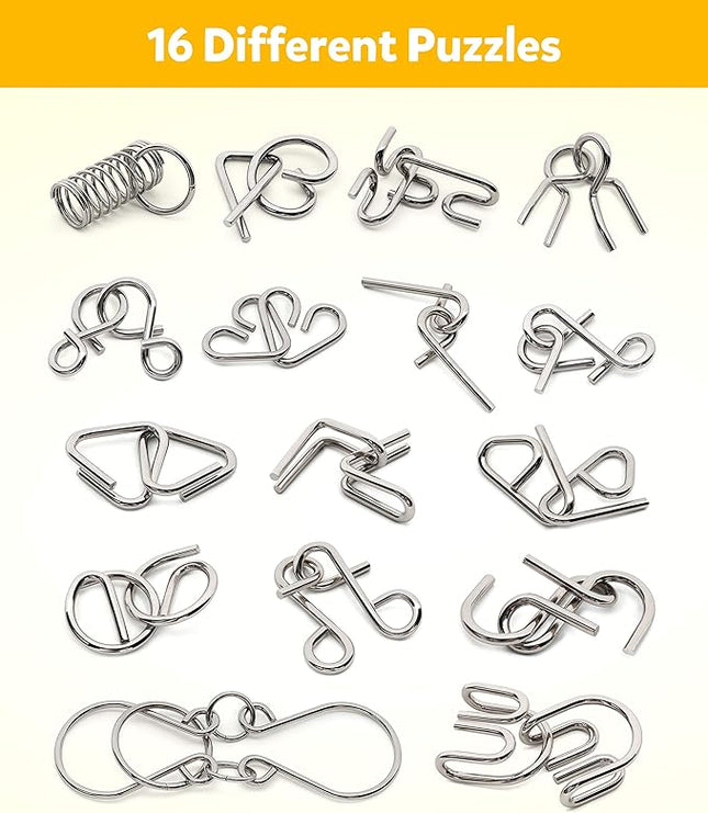 Coogam Metal Wire Puzzle Set of 16 with Pouch,Brain Teaser IQ Test Disentanglemen Iron Link Unlock Interlock Game Chinese Ring Magic Trick Toy for Party Favor Kids Adults Challenge