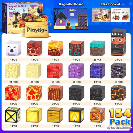 Magnetic Blocks - 154PCS Build Mine Magnet World Cube Toys with Magnet Board for Kids Age 3 4 5 6 7 8 9 10, Magnetic Tiles Stacking Toys, Sensory Birthday Gifts for Boys Girls, Classroom Must Haves