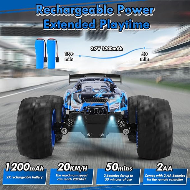 Remote Control Car, 1:18 Scale Rc Cars, All-Terrain RC Truck with LED Light, 20KM/H, Rechargeable, 2WD, 2.4GHz, Sturdy PVC Shell, Remote Control Truck for Boys 4-7 8-12, Beginner