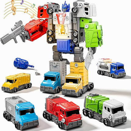 Toys for Ages 5-7, 5-in-1 Take Apart Vehicle Trucks Transform to Robot, 4 5 6 7 Year Old Boy Christmas Birthday Gift Ideas, Robot Toys with Light and Sounds for Kids 5-7