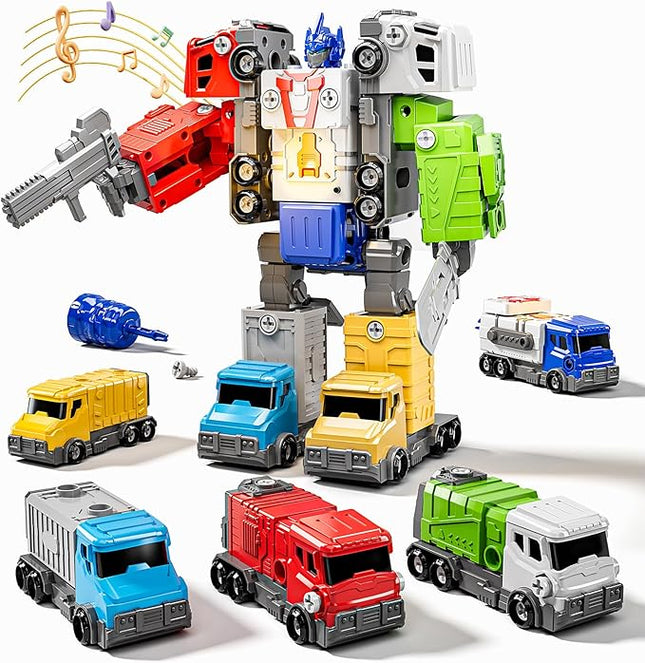 Toys for Ages 5-7, 5-in-1 Take Apart Vehicle Trucks Transform to Robot, 4 5 6 7 Year Old Boy Christmas Birthday Gift Ideas, Robot Toys with Light and Sounds for Kids 5-7