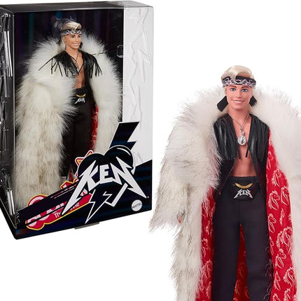 Barbie The Movie Collectible Ken Doll Wearing Big Faux Fur Coat and Black Fringe Vest with Bandana