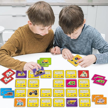 gisgfim 50 Pairs Memory Matching Game Trucks Concentration Memory Card Games for Kids Preschool Educational Ages 3-8 A Fun & Fast Vehicle Theme Matching Games