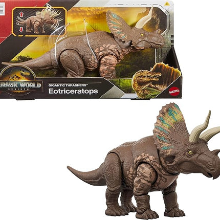Mattel Jurassic World Rebirth Gigantic Thrashers Eotriceratops Dinosaur Figure Toy, Large Species, 2 Tail Activated Rampage Attacks, Digital Play
