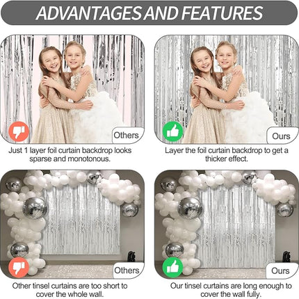 2 Pack Silver Foil Fringe Curtains Streamers Party Decorations 3.3 x 8.2 ft, Tinsel Curtain Fringe Backdrop for Parties, Silver Door Fringe Birthday Streamers, Photo Booth Backdrops, Party Decor