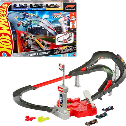 Hot Wheels Toy Car Track Set, 3 Formula 1 Die-Cast Vehicles in 1:64 Scale: McLaren F1 Team, Alpine & VCARB, Sprint Race Circuit (Teams May Vary)