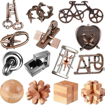 Syhood 14 Pcs Metal Brain Teaser Puzzles Ring Interlock Logic Puzzle Metal Wooden IQ Education Games Lock Challenging Gift for Adults Kid Office Party Table Toys(Classic)