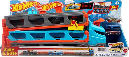 Hot Wheels - Speedway Hauler Storage Carrier with 3 1:64 Scale Cars & Convertible 6-Foot Drag Race Track for Kids 4 to 8 Years Old, Stores 20+ Cars & Connects to Other Playsets, HGH33