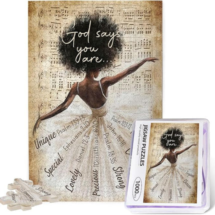 African American Jigsaw Puzzles 1000 Pieces for Adults, Dancing with God Says You are Quote, Black Woman Wooden Puzzle for Stress Relief, Challenging Brain Teaser & Home Decor