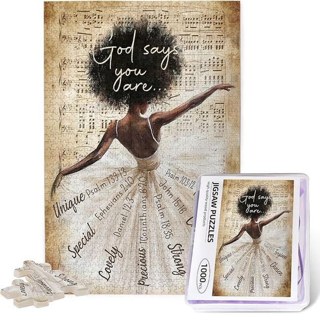 African American Jigsaw Puzzles 1000 Pieces for Adults, Dancing with God Says You are Quote, Black Woman Wooden Puzzle for Stress Relief, Challenging Brain Teaser & Home Decor