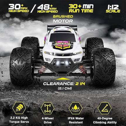 4x4 RC Cars for Adults 48kmh High-Speed - 1:12 Scale Large Waterproof Remote Control Truck, Offroad Electric Monster Car, 2 Batteries 30+ Min Play, All Terrain