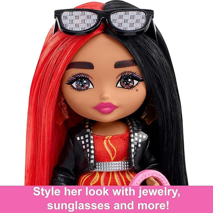 Barbie Extra Minis Doll & Accessories with Red & Black Hair Wearing Flame-Print Dress & Moto Jacket, 5.5-inch