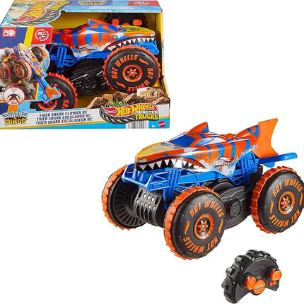 Hot Wheels Monster Trucks Remote Control Toy Vehicle, Large-Scale RC Tiger Shark Climber with 3 Modes of Play for Racing, Climbing & Stunting
