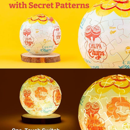 Chupa Chups X PieceRelax 3D Plastic Puzzle Sphere Light for Adults 60 Piece - Timeless Memories - Chupa Chups Time Machine Unique Gift & Home Décor with Curved Plastic Puzzle Pieces [J1151]