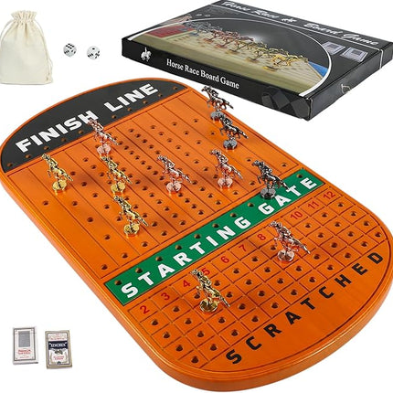 Large 21 inches Horse Racing Board Game with 11 Luxury Metal Horses, Thickened Wood Finish Line, Race Game Including Dices and Cards (Red Peach, Oval)