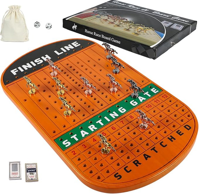 Large 21 inches Horse Racing Board Game with 11 Luxury Metal Horses, Thickened Wood Finish Line, Race Game Including Dices and Cards (Red Peach, Oval)