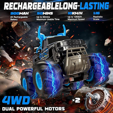 BainGesk Waterproof Remote Control Monster Truck Toys, 1:16 RC Car, 2.4GHz 4WD All Terrain Car Toys with 2 Rechargeable Batteries, Off-Road Truck Gifts for 6, 7, 8, 9, 10, 11, 12 Year Old Boys