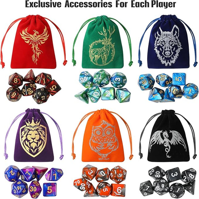 Grajar DND Dice Set, 42 Pcs polyhedral dice Set with 6 Colorful Animal Pattern Bag and PU Leather Velvet Tray for Dungeons Dragons D&D RPG MTG Table Games