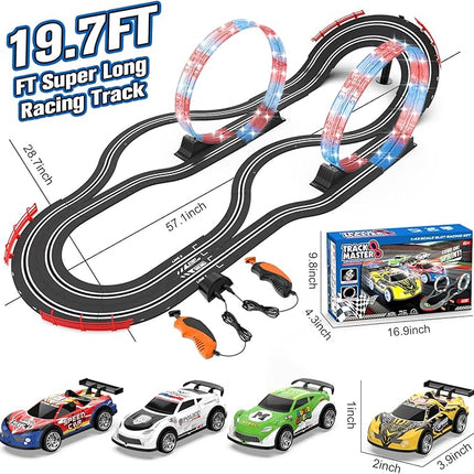 2-in-1 Slot Car Race Track Set with 4 High-Speed Cars, Electric Track, Dual Racing Game with 2 Controllers, Circular Overpass Design Featuring Flash Tracks. Toy Gift for Boys Kids Ages 4-6 6-8 8-12