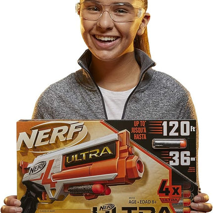 Nerf Ultra Four Dart Blaster - 4 Ultra Darts, Single-Shot Blasting, 2-Dart Storage - Compatible Only Ultra Darts