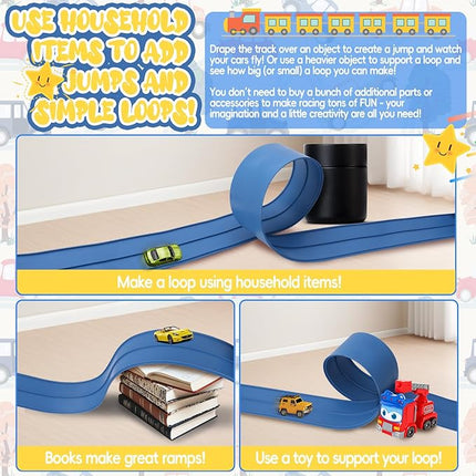 15 Ft Flexible Race Track for Kids with Hot Wheels, Matchbox with Suction Cups Compatible, Diecast 1/50th Toy Cars Rolls Up Portable Race Track Cobalt Blue
