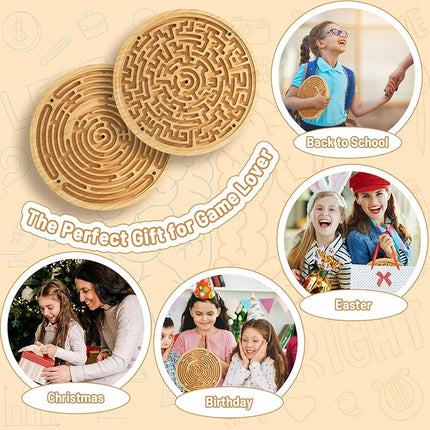 Wooden Labyrinth Board Game with Two Versions of Upgraded Circular Marble Maze with Two-Sided Design, 2-in-1 Puzzle Maze with Two Metal Balls, Brain Teaser Game for Children, Teenagers, and Adult