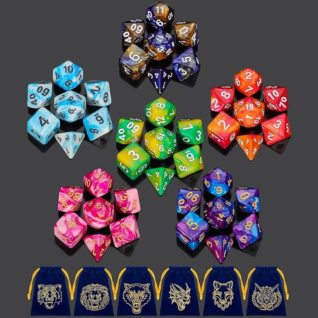 DND Dice Set - QMay 42pcs Polyhedral Dice, 6 Complete Double-Colors D&D Dice Sets with 6 Blue Drawstring Bags for Dungeons and Dragons RPG MTG Table Games