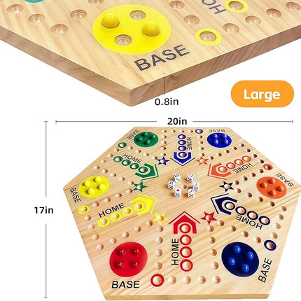 Wooden Board Game, Original Marble Game Double Sided Painted 2 to 6 Player Fast Track Board Game Wooden with 6 Colors 24 Marbles 6 Dice for Adults Kids Family(20 INCH)