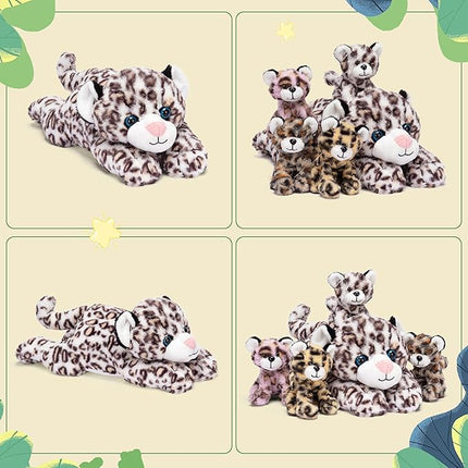 IKASA Mommy Leopard Stuffed Animal Mom and Baby Cheetah Plush Toy, Cute 18" Soft Small Mama Family Set Toys with Little Mini Babies,Gifts for Kids