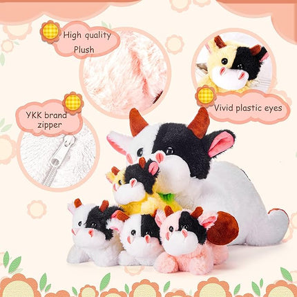 IKASA Mommy Cow Stuffed Animal Mom and Baby Plush,Cute 17" Soft Small Fluffy Mama Family Set Cuddly Huggable Toy with Little Mini Babies