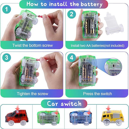 Tracks Cars 4PCS Magic LED Light-up Track Car Replacement Only,Flex Race Cars Glow in The Dark with 5 Flashing LED Lights Fits Most Tracks,Perfect Car Toys for 3-8 Kids,Boys&Girls