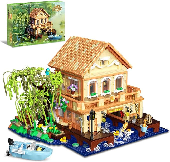 Girls Friends Vacation Lake House Buiding Set with Boat, 2190 PCS Tree House Wooden Cabin Mini Building Block Set, Educational Toy Construction Kit, Birthday Gifts for Adults,Kid,Boy,Girl Age 14+