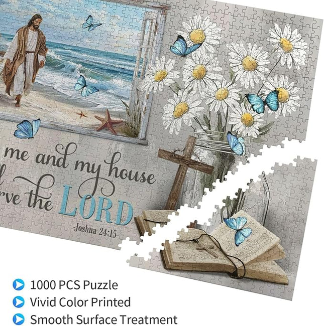 Christian Wooden Jigsaw Puzzle 1000 Pieces for Adults - Jesus Walking on Beach & Joshua 24:15 Bible Verse, Religious Scripture Art for Stress Relief, Inspirational Home Decor and Gift