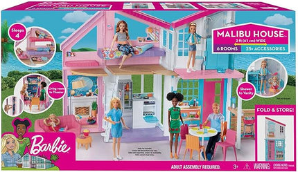 Barbie Doll House Playset, Malibu House with 25+ Themed Furniture & Accessories, 6 Rooms Including 2-in-1 Transformations