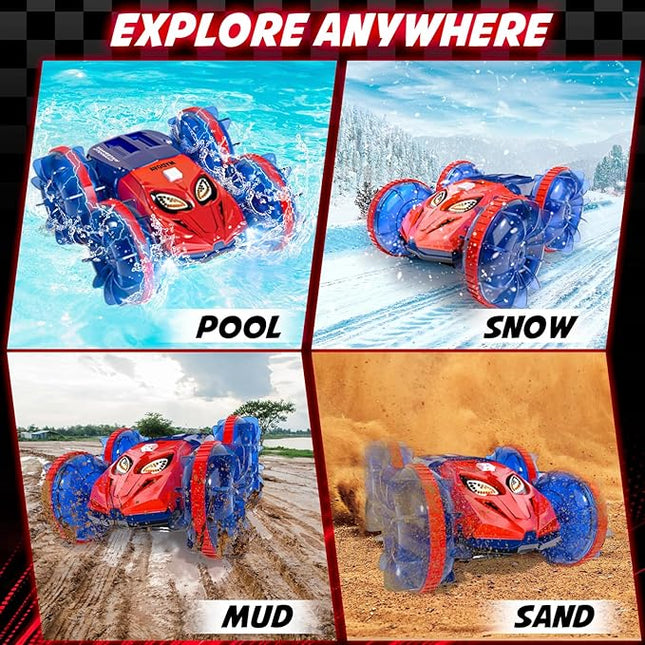 4WD Waterproof RC Car, 2.4 GHz Amphibious Remote Control Monster Truck Remote Control Boat for Kids, 360°Rotation Stunt Cars with LED Lights, All Terrain Water Beach Pool Toy for Boys Girls Gifts