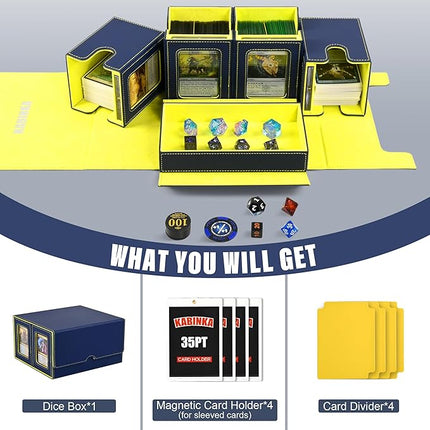 Card Deck Box for MTG with Commander Display, 5 in 1 Card Storage Box Fits 400+ Double-sleeved Cards, Removable Deck Case for TCG/Sports Cards with Dice Tray, 4 Magnetic Card Holders (Blue Yellow)