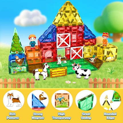 Magnetic Tiles with Farm Animals, Magnetic Blocks Building Toys for 3+ Year Old Toddler, Construction STEM Magnet Toys Gift for Kids, Boys and Girls 3 4 5 6 7 8+ Year Old