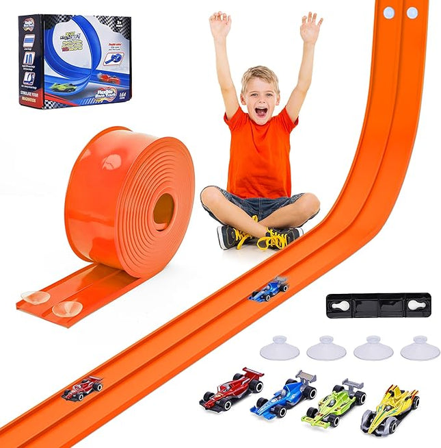 15 Ft Flexible Race Car Track for Kids, Double-Sided Racetrack with Suction Cups, Compatible with Hot Wheels & 1:64 Diecast Cars,Portable Roll Up Track Toy,Gift for Boys Girls Ages 3+ (Orange)