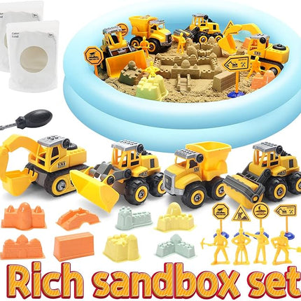 Play Construction Sand Kit,2.2lbs Magic Sand W/4 Large Take Apart Construction Trucks,1 Sandbox,8 Worker Figures and Road Signs,8 Molds,Toys for 2-8 Years Old Boys Girls