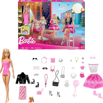Barbie Doll Holiday Advent Calendar with 24 Clothing and Accessory Surprises Including Jacket, Skirt, Shoes, Purses, and a Pet Puppy, Blonde Doll