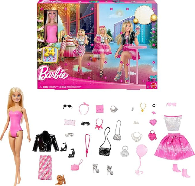 Barbie Doll Holiday Advent Calendar with 24 Clothing and Accessory Surprises Including Jacket, Skirt, Shoes, Purses, and a Pet Puppy, Blonde Doll