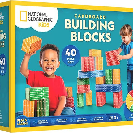 National Geographic Kids Jumbo Cardboard Building Blocks – 40 Heavy-Duty Bricks in 3 Sizes, Build & Learn with Game Spinner & Activity Cards for Kids 3+, Indoor Play Construction Toy for STEM Learning
