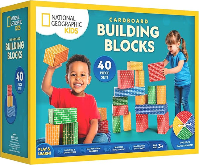 National Geographic Kids Jumbo Cardboard Building Blocks – 40 Heavy-Duty Bricks in 3 Sizes, Build & Learn with Game Spinner & Activity Cards for Kids 3+, Indoor Play Construction Toy for STEM Learning