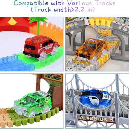 Tracks Cars Magic Light Up Track Cars Toy Glow in The Dark for 3 4 5 6 7 8 Kids Boy Girl, Race Cars with 5 LED Flashing Light Battery Operated Vehicle Compatible w/Most Tracks (4Pcs)