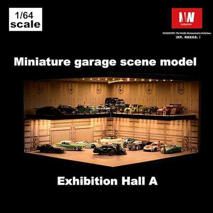 1/64 Model Car Display Case,Fits for 1/64 Hot Wheels Diecast Model Car,Diorama Double Decker Car Showroom Garage Model with Dimmable LED Lighting City Car Parking Lot Scene Model Collection (A)