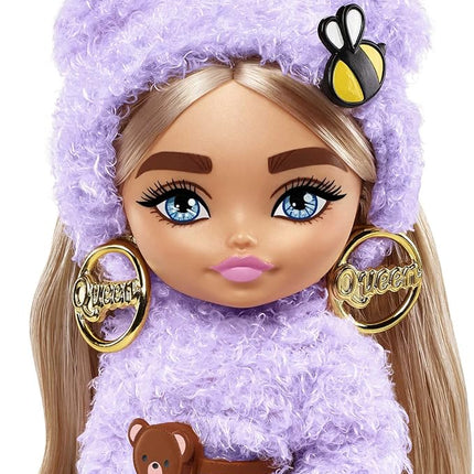 Barbie Extra Minis Doll #4 (5.5 in) Wearing Fluffy Purple Fashion, with Doll Stand & Accessories Including Teddy Ears and Sunglasses, Gift for Kids 3 Years Old & Up