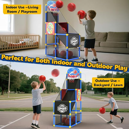 EagleStone 2-in-1 Kids Arcade Basketball Hoop with Dart Board,4 Balls Adjustable Height Basketball Toy Indoor Outdoor Carnival Games Gift for Boys Girls Toddlers Ages 3-8 Years Old,Pump Included