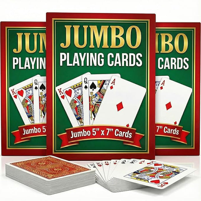 Bedwina Giant Jumbo Playing Cards, Large Print Playing Cards for Seniors, Kids, Adults - Funny Deck of Professional Poker Giant Card Games, Casino Theme Party Decorations - 5X7 Inch, 3 PK