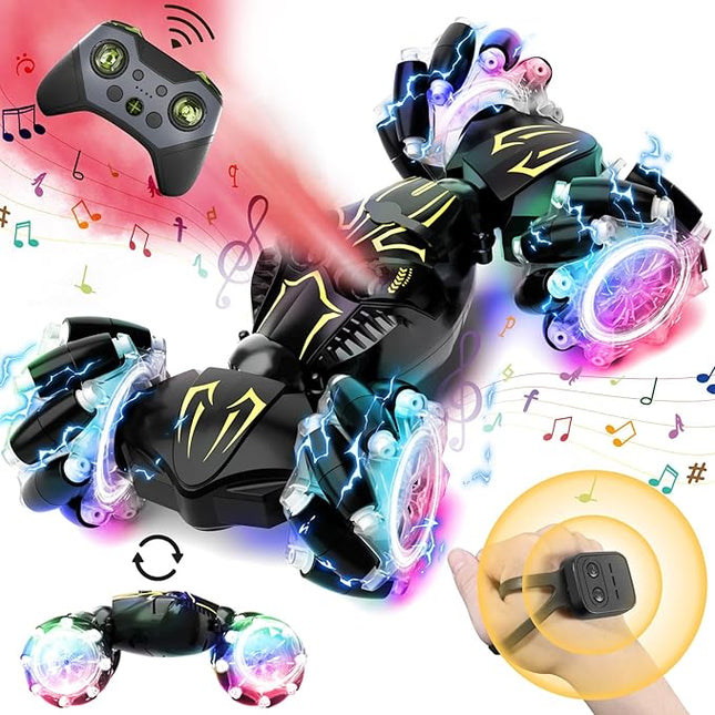 Remote Control Car for Boys 8-12, 4WD Gesture Sensing RC Stunt Car 2.4Ghz with Lights Music Sprayer RC Cars for Boys Age 4-7 8-12 Hand-Controlled Cars Toys Birthday Gifts for Kids Girls Black