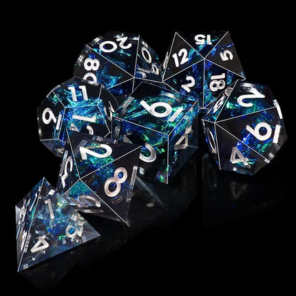 AUSTOR 7-Die DND Dice Set Handmade Sharp Edge Polyhedral Dice for Dungeons and Dragons D&D RPG MTG Table Games（Dark Star, Silver）